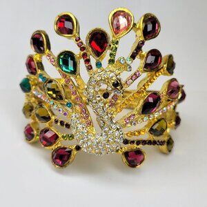 Gold Peacock Cuff Bracelet with Multicolored Crystal Stones